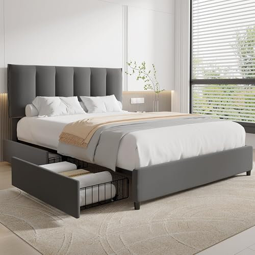 VECELO 4ft6 Double Bed Frame with 4 Storage Drawers, Upholstered Platform with Adjustable Velvet Headboard, Solid Wood Slat Support, No Box Spring Needed, Easy Assembly, Dark Grey