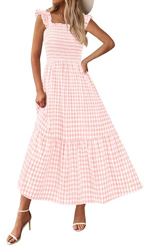 PRETTYGARDEN Women's Summer Dress Casual Square Neck Ruffle Strap Gingham Smocked Midi Flowy A Line Beach Vacation Sun Dresses 2026 (Pink, M)