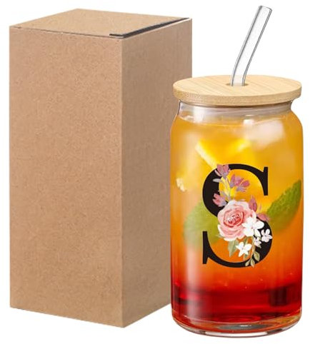 Larfraecy 16Unzen Personalisierter Trinkgläser mit Bambusdeckel,Strohhalme und Strohbürste,Personalisierter Glasbecher mit Initialen,Glas in Dosenform für Kaffee,Saft,Geschenke (S)
