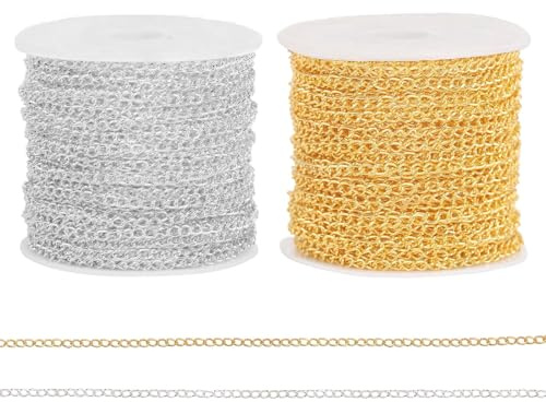Gold Silver Chain - 2 Rolls 40 Feet/12 M Necklace Bracelet Jewelry Making Chains Kit, Plated 3x4mm Link, Jewelry Curb Plated Cable Chain, for Making Necklace, Earring, Bracelet, DIY Craft Supplies