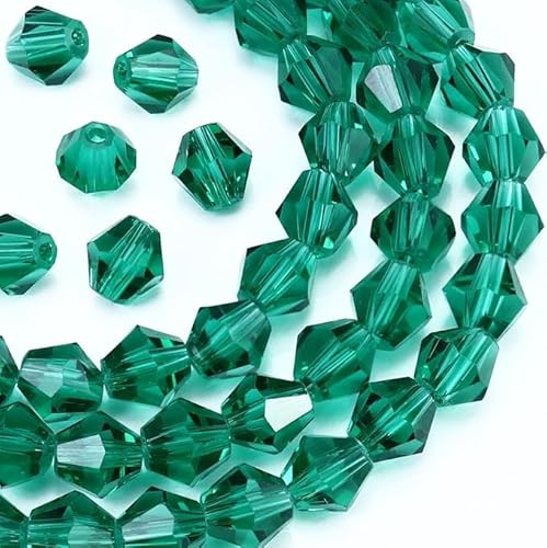 Perlin Lot de 90 perles tchèques en verre taillé, perles en cristal de Bohême, 4 mm, forme double cône, Bicone Beads (vert émeraude)