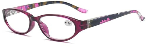 Lanomi Mode Oval Lesebrille mit Blumenmuster Damen Herren Schmal Rund Lesehilfe Federscharnier Stilvolle Musterrahmen Sehhilfe HD Dunkellila Brille 2.5