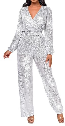 Damen-Jumpsuit mit Pailletten, Glitzer, V-Ausschnitt, sexy, lange Ärmel, gerade, breit, lange Hose, für Damen