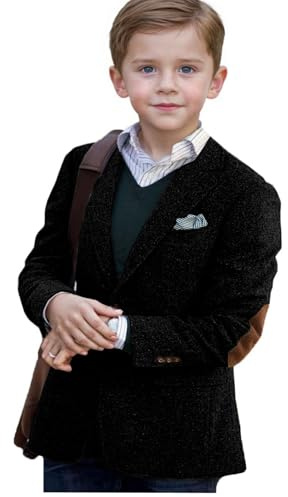 VENNYNG Boys Tweed Blazer Jacket with Elbow Patches Kids Short Trench Coat Vintage Coat Black