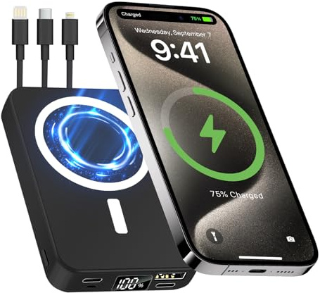 Batterie Externe 10000mAh avec 3 Câbles, sans Fil Power Bank Charge Rapide PD 20W, USB C Chargeur Portable avec Affichage LCD,Compatible pour iPhone 16 15 14 Pro Max Samsung (Noir)