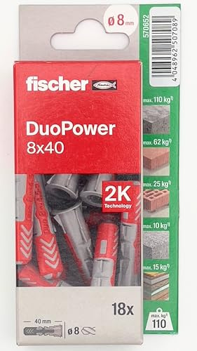 fischer Duopower 8 x 40-18U, Wanddübel aus verschiedenen Materialien, geeignet zum Aufhängen von Fahrrädern, Bildern, Schränken, Fernsehern, Regalen, Möbeln.