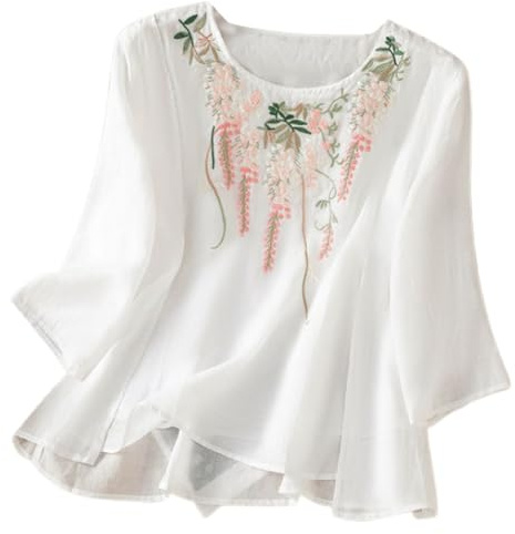 Blusas bordadas de lino para mujer, estilo bohemio, vintage, floral, para verano, hippie, con volantes, para personas mayores, holgadas, cuello redondo, gasa de algodón, encaje para fiestas