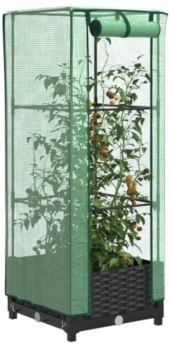 HaoChrymec Jardinera Elevada con Invernadero, Polipropileno con Estructura de Hierro, Aspecto Ratán, Huerto Urbano, Jardinera Vertical, 40x40x123 cm