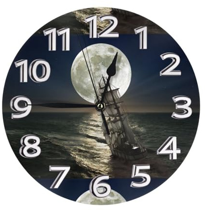 SMSJTMWHN Orologio da parete rotondo con numero di nave a vela in tempesta, design silenzioso senza ticchettio, ecologico e personalizzabile per cucina, ufficio, classe, 25,4 cm