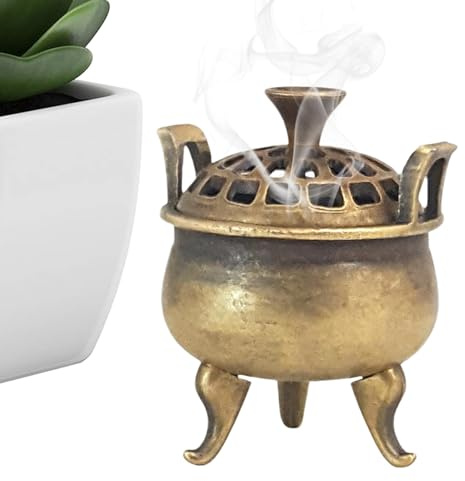 Yumneo Soporte para quemador de incienso, soporte de bobina de incienso con tapa, incensario de metal antiguo, adorno de aromaterapia, recogedor de cenizas para yoga, meditación, spa, iglesia al aire