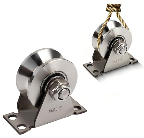 Umlenkrolle mit 2 Kugellager,304 Edelstahl 48mm V Typ Umlenkrollen für 6-12mm Seile Stahlseil,Tragkraft 500kg,Rost und Korrosionsbeständig 2 Stück