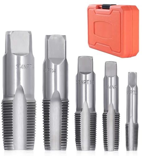 5 Stück NPT Rohrgewindebohrer Set, Gewindeschneider aus Stahl mit Aufbewahrungsbox 1/8, 1/4, 3/8, 1/2, 3/4 Zoll Kohlenstoffstahl Handgewindebohrer Set für Wasserrohrverbindungen, Autoreparatur