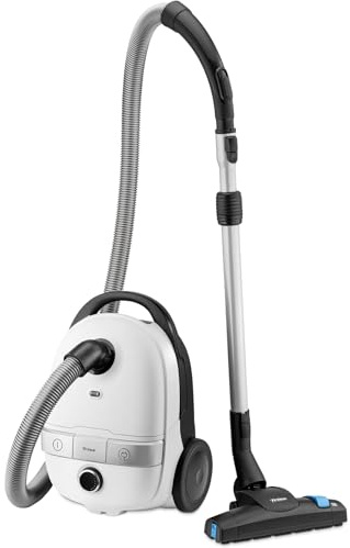Trisa Comfort Clean Bodenstaubsauger Beutel, HEPA Filter, 11m, Weiß | Stufenlose Saugkraftregulierung, Gummierte Soft-Räder, Klick-Teleskoprohr, Umschaltbare Bodendüse, Fugendüse