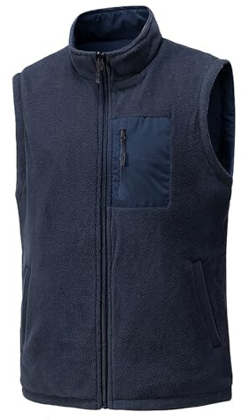 Fleece-väst för män – golfklar & daglig mysig ärmlös jacka med full dragkedja, varm fleecefodrad väst med fickor, lätt pufferväst, herr varma bekväma ytterkläder, Mörkblått, 3XL