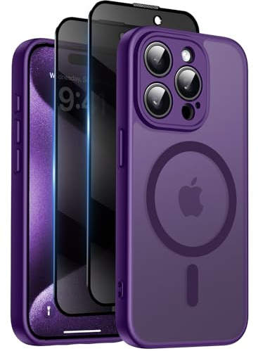 Qasyfanc for iPhone 15 Pro Case, Privacy Screen Protectors X2, Purple | Compatible with MagSafe, Camera Protection, 15FT Military Drop Protection, Translucent Matte Shockproof Phone Cover