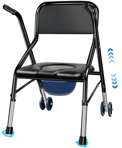 4-in-1 Folding Bedside Commode Chair & Walking Aid Chair for Elderly with 2-Wheels and PU Soft Seat,Adjustable Height Commode Toilet Safety Frame and Lightweight Walking Frame Support 350 lbs