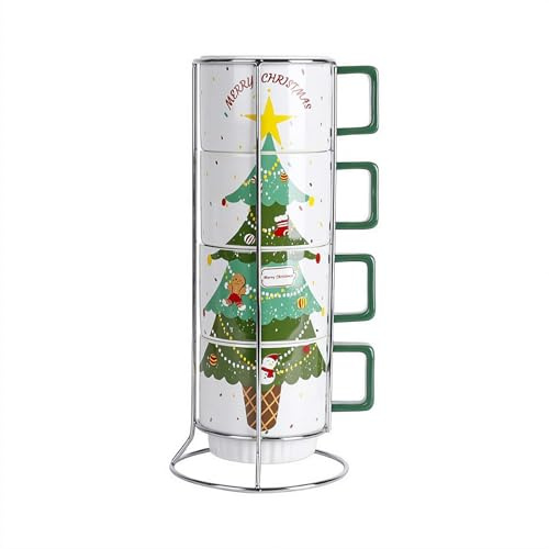 Set di 4 tazze natalizie impilabili, tazze da caffè con supporto, tazze natalizie in ceramica con arte festiva, adatte al microonde e alla lavastoviglie, regalo per feste