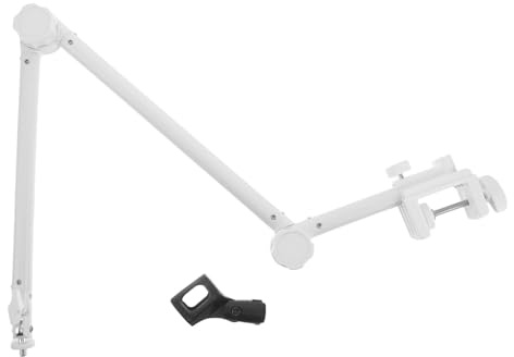 TOYANDONA Desk Mounted Microphone Arm Stand with 360 Degree Rotation and Sturdy Metal Build, Includes Mic Clips, White Tabletop Boom Arm Mic Stand for Small Studios and Podcast Use