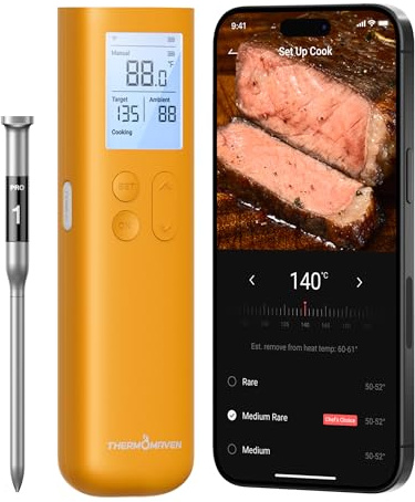ThermoMaven Smart Bluetooth Fleischthermometer kabellos, Sub-1G Signalstabilität, Display-Basis, zertifizierte Genauigkeit ±0,3 °C, WLAN-Reichweite für BBQ, Ofen, Räucherofen, Grill, Goldgelb