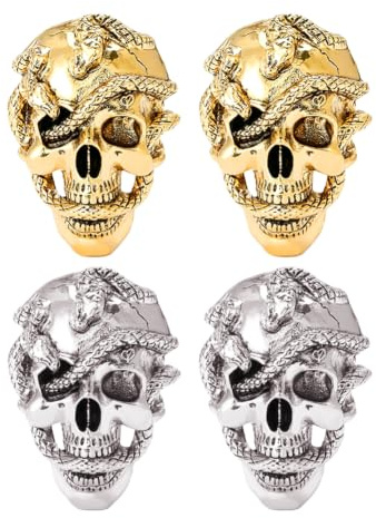 SUPERFINDINGS 4 Stück Punk Totenkopf Schlange Brosche Gothic Schädel Kopf Brosche Nadel Skelett Broschen Legierung Halloween Kostüm Deko Pin Für Rucksack Hut Tasche Jacke Mantel