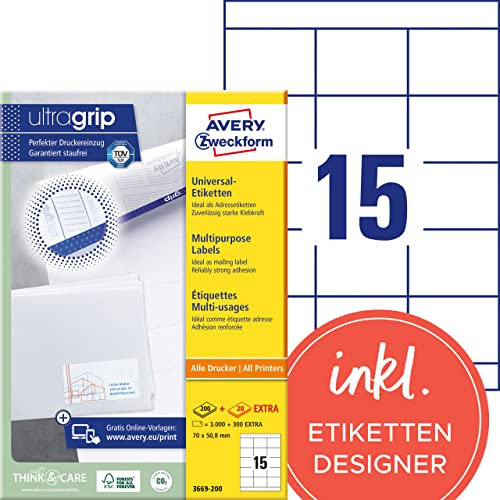 AVERY Zweckform 3669-200 Adressaufkleber (3.000 plus 300 Klebeetiketten extra, 70x50,8mm auf A4, bedruckbare Absenderetiketten, selbstklebende Adressetiketten mit ultragrip) 220 Blatt, weiß