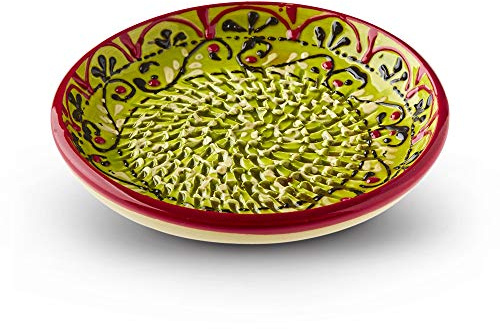 Garlic Grater Plate. (#Ref 21). Handmade and Hand Painted in Cordoba, Spain. Greeen Plate with Red Rim and Black/Red Scroll Pattern.