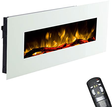 GLOW FIRE Elektrokamin mit Heizung und Kaminfeuer (Wandkamin Pluto) - elektrischer Kamin mit LED-Licht, Heizlüfter, Deko & Fernbedienung - zum Aufhängen an der Wand, max. 1500 W - weiß, 110x49 cm