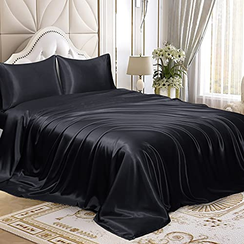 Homiest 4 st satinlakanset lyxigt silkeslent satinbäddset med djup ficka, 1 dra-på-lakan + 1 platt lakan + 2 örngott (king size, svart)