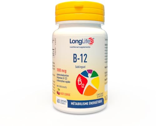 LongLife® B12 1000 mcg | Vitamine B-12 | Formule exclusive sublinguale à haute dose | Absorption élevée | 2 mois de traitement | 60 comprimés | Végan et sans gluten