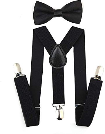 SunTrader Child Kids Clip-on Suspenders Elastic Y-Shape Adjustable with Clips and Bow Tie Set for Boys and Girls (Black)