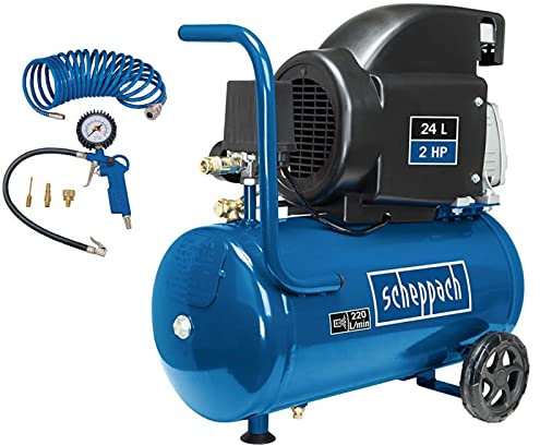 Scheppach Kompressor HC26 Druckluftkompressor | 220 l/min Ansaugleistung | 24 Liter Kessel | 1500W | 8 bar | ölgeschmiert | mit Griff und Fahrvorrichtung | inkl. 5m Schlauch, Reifenfüllgerät + Zubehör