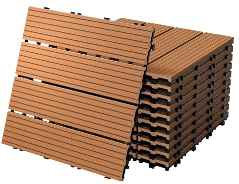 ECD Germany Dalles Terrasse Clipsables WPC 30x30 cm/44 pièces=4m² Marron Clair Strié Aspect Bois Carreaux avec Système à Clic et Drainage Revêtement de Sol Carrelage Lames Patio Jardin Extérieur