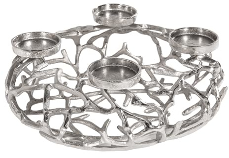 Kerzenhalter Abstract 38cm - Silber - Aluminium AST-Design | Montiert geliefert, Platz für 4 Stumpenkerzen, Kerzen-Kranz, pflegeleichte Oberfläche, gemütliches Kerzenlicht