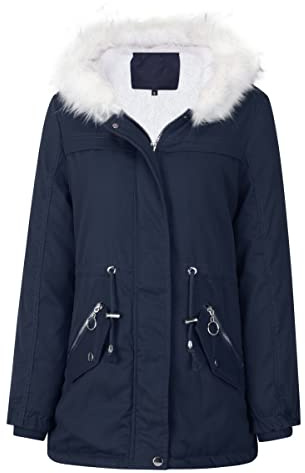 YYNUDA Women Winter Parka Coat Fur Collar Hooded Jacket Warm Windproof Padded Outwear Blue L