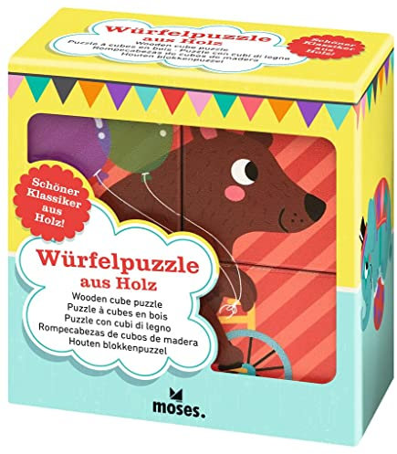 moses. Holz-Würfelpuzzle Zirkusfreunde, Tierpuzzle aus Holz, Lernspielzeug für Kinder ab 2 Jahren, 4 Würfel zum Puzzeln, 6 Bunte Motive mit Tieren