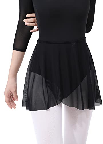 Gorchnc Girls Ballet Wrap Skirt Women with Adjustable Waist Tie Mesh Dance Cover Up Skirt Ballerina Skirt for Dance Class Black