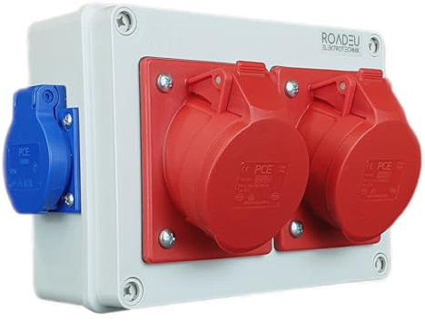 RoadEu Distributore a parete 2x 16A 5P CEE con 2X 230V Schuko, Distributore di corrente da cantiere 16A, prese PCE, Scatola di distribuzione montata in superficie, Presa a muro interna ed esterna