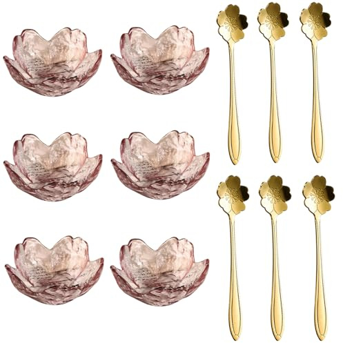 soulnioi Glass Dipping Bowls, Japanese Cherry Blossom Seasoning Dishes, Mini Crystal Dessert Bowls Pink Sakura Serving Dishes with Spoons for Ice Cream Snack Dips Sushi, Set of 6