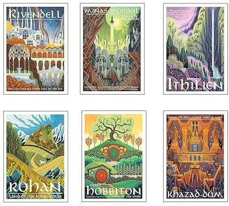 Set 6 cuadros base madera, Decoración Salón Modernos, Dormitorios, Habitación, Series y Películas El señor de los Anillos, El Hobbit con colgadores metálicos, (38 x 29 cm cada cuadro)