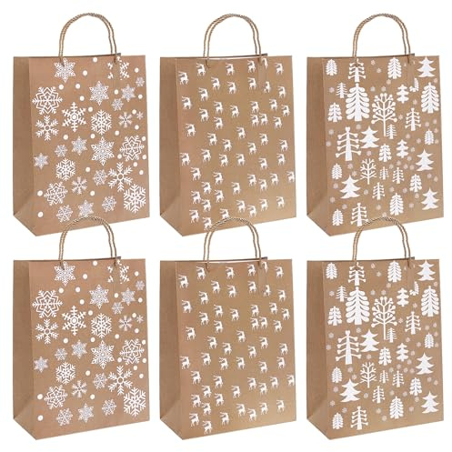 6 Stück Geschenktüten Weihnachten Groß, Weihnachtstüten 42x31x10cm, Papiertüten Weihnachten Geschenktaschen kraft Papier Tüten Mit Henkel Geschenkanhänger, Zum Befüllen Geschenk Süßigkeiten
