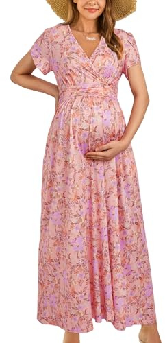 OUGES Robe de maternité Maxi Summer Short Sleeve Wrap V Neck Pregnancy Dress for Photoshoot