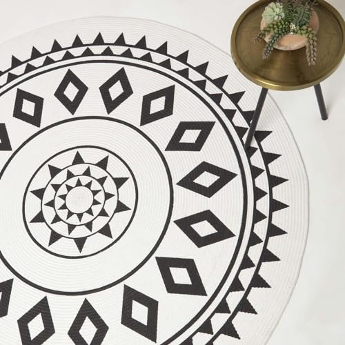 Homescapes Runder Teppich Lia schwarz-weiß Gemustert 150 cm, Baumwoll-Teppich geflochten, Teppich rund geometrisch