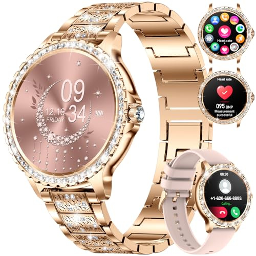 LIGE Women's Smart Watch 1.32 HD Elegant Diamond Bluetooth Phone Calls for Android iOS Ladies Smartwatch Round Dial 100+ Sport Fitness Tracker, Heart Rate Sleep Monitor,2 Watch Straps,Rose Gold