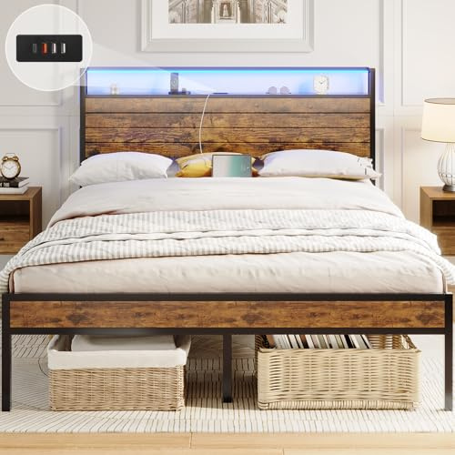 AOGLLATI Bett 140x190 mit Steckdose Metallbett 140x190 mit 3 USB-Anschlüssen und LED Beleuchtung Bettgestell aus Metall mit Kopfteil Doppelbett mit Stauraum Jugendbett Bettrahmen mit Lattenrost