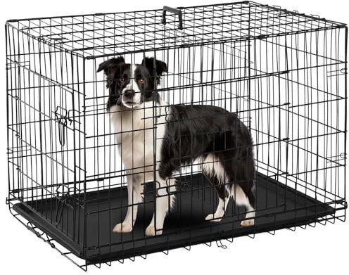 FDW - Jaula para perro plegable con 2 puertas, bandeja extraíble, 93 x 58 x 64 cm, jaula de transporte para perro, conejo, cachorro y animales domésticos, de metal, color negro