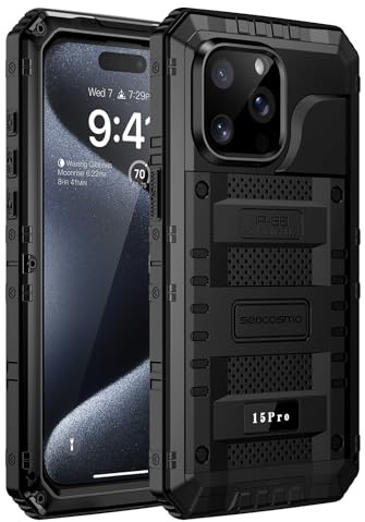 seacosmo iPhone 15 Pro skal, IP68 vattentätt, militärklass stötsäkert mobilskal med inbyggt skärmskydd och kameraskydd, 360° fullt skydd metallskal för iPhone 15 Pro, svart