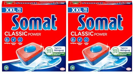 Somat Classic Power Lavastoviglie Tabs, 140 pastiglie (2 x 70 schede), lavelli piatti con potere sgrassante per una pulizia potente, pastiglie per piatti puliti e brillanti anche a basse temperature