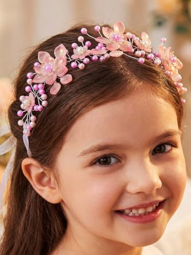 IYOU Blumenmädchen Haarschmuck Rosa Perle Kommunion Kopfschmuck Blumen Braut Hochzeit Stirnband für Mädchen