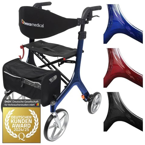 Besco Medical Carbon Rollator ultraleicht 5,7 kg - Modell S Saphirblau | faltbar, höhenverstellbar, mit bequemem Sitz - Premium Gehhilfe mit Rückengurt, Netztasche, Stockhalter - klappbar & leicht