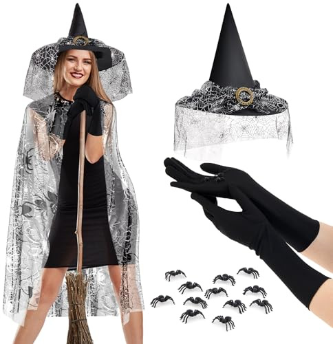 SATINIOR Halloween Hexen Kostüme für Frauen Spinnen Kostüm Enthalten Spinnennetz Umhang für Damen Schwarze Handschuhe Spitzen Hexenhut und 20 Kleine Künstliche Spinnen (Silber, Klassisch)